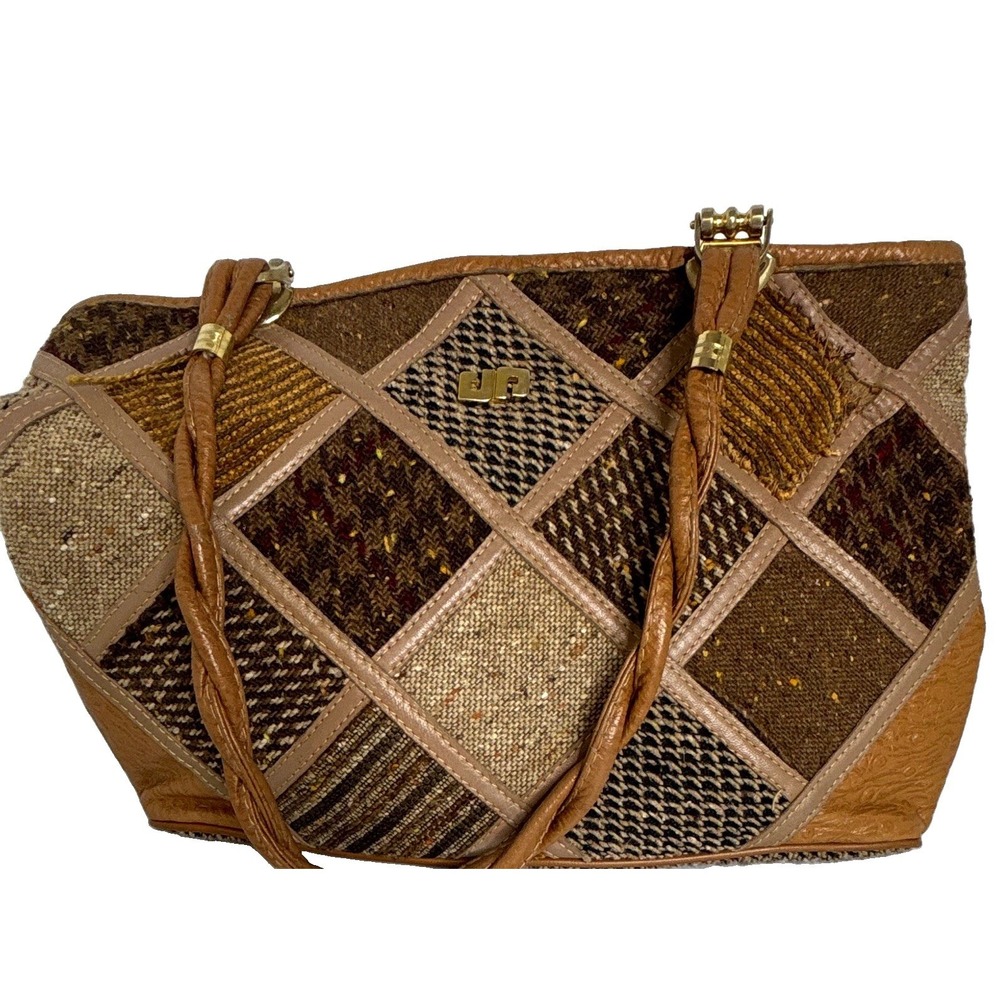 Vtg  Pier Giorgio Patchwork Handbag Braid Shoulder Handle Tapestry Tweed Browns*
